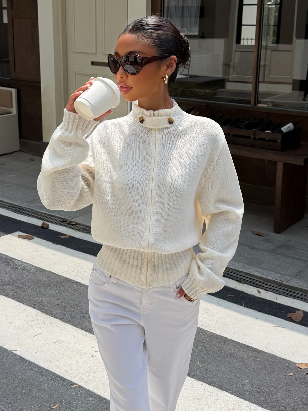 Off-White Zip-Up Stand-Collar Cropped Cardigan