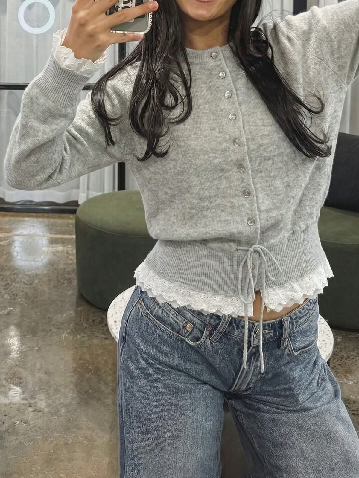 Grey Lace-Hem Tie-Front Cardigan