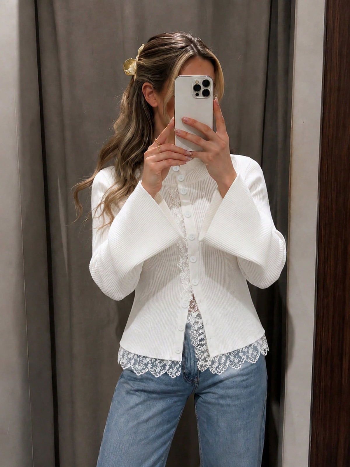 Lace-Trim Stand-Collar Bell-Sleeve Cardigan