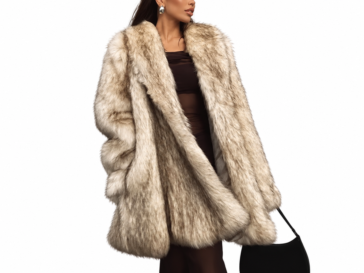Cream Brown-Tipped Oversized Faux Fur Coat