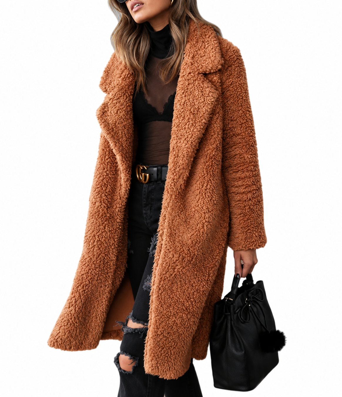 Caramel Longline Teddy Coat with Notched Lapels