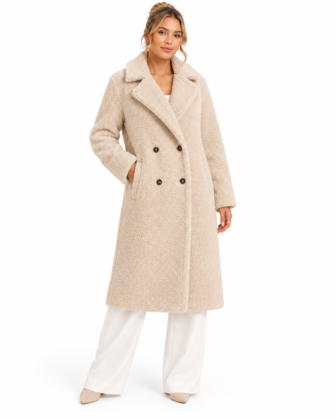 Beige Double-Breasted Long Teddy Coat