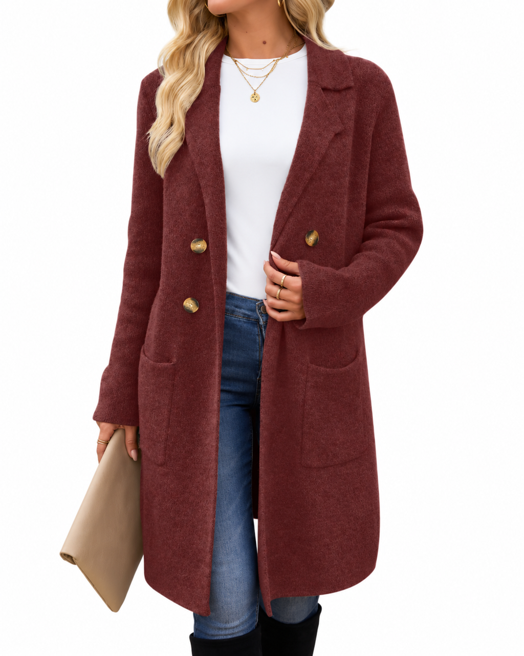Burgundy Double-Breasted Longline Knit Coat