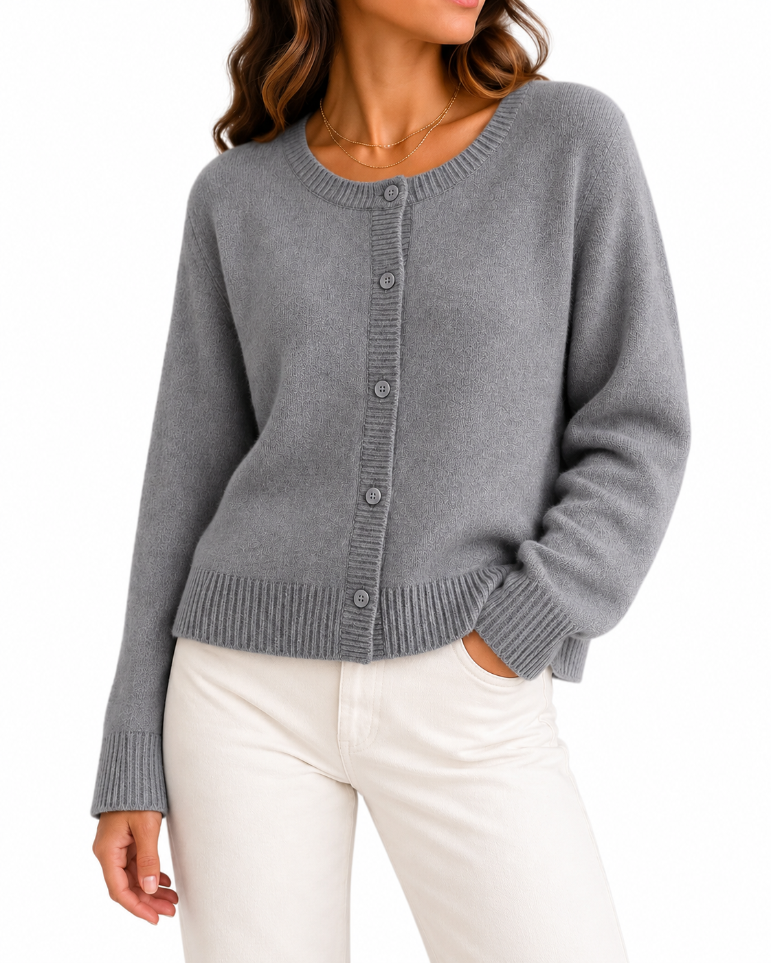 Grey Crew-Neck Button-Up Cardigan
