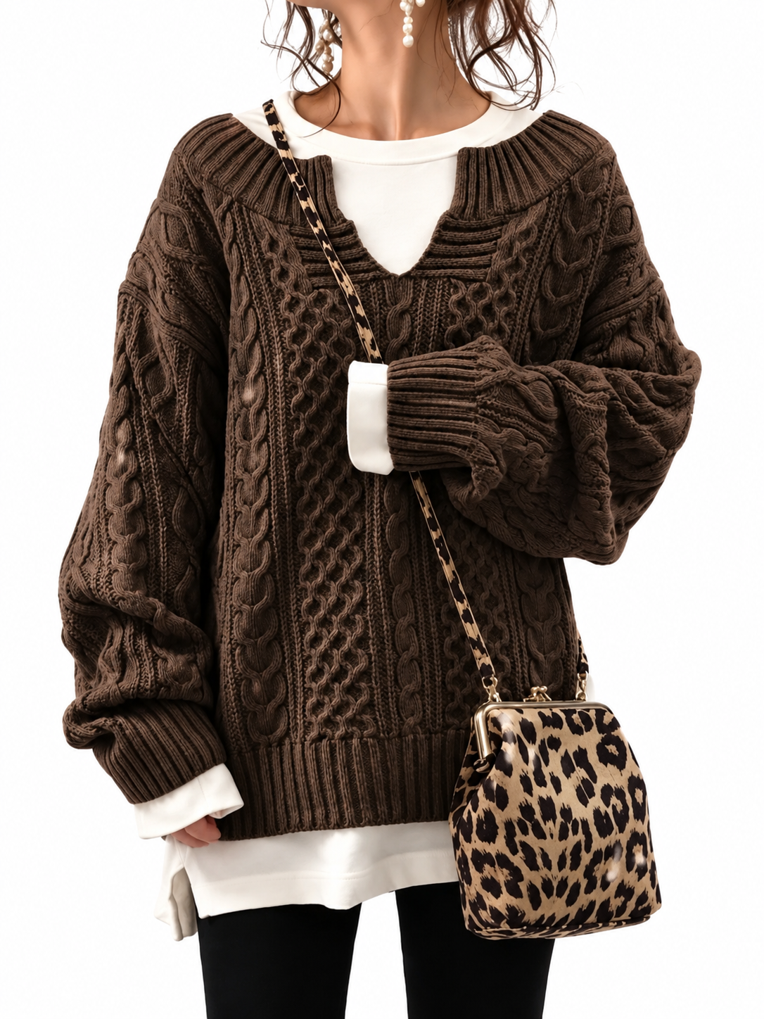 Brown Oversized Cable-Knit Split-Neck Jumper