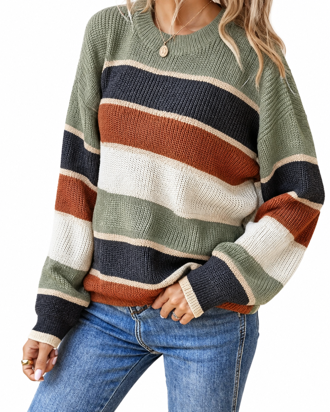 Sage Multi-Stripe Oversized Crew-Neck Jumper