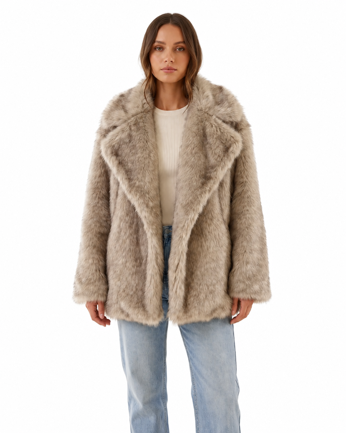 Taupe Boxy Faux Fur Coat