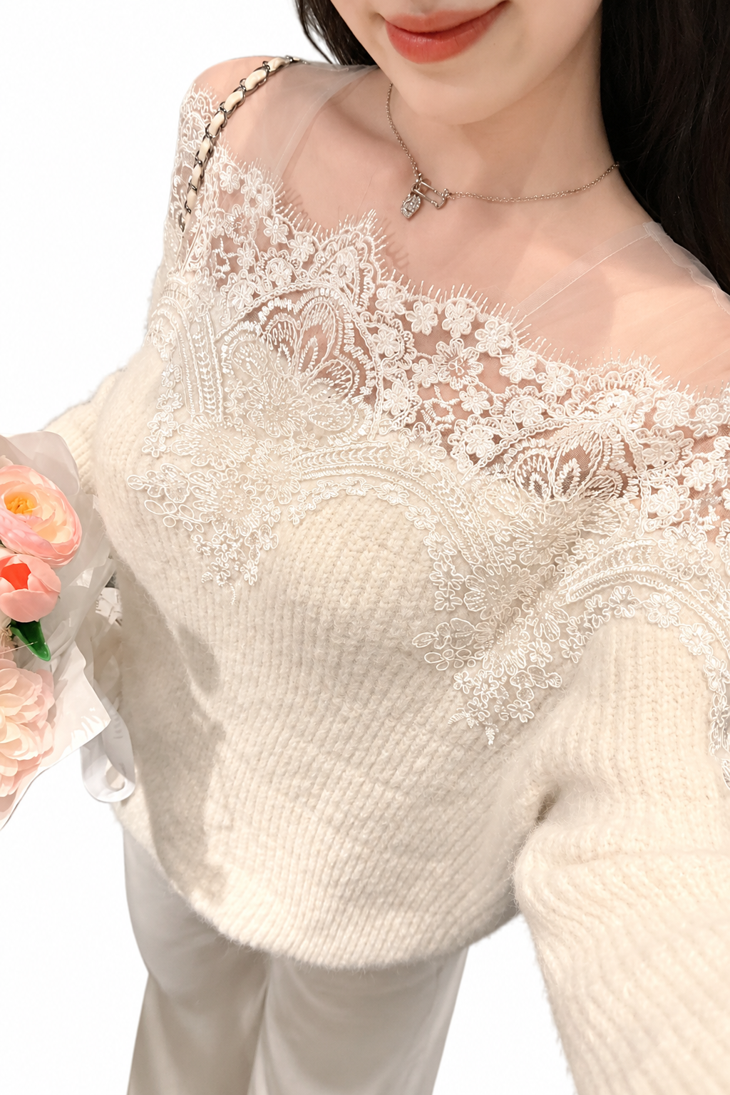 Ivory Lace Yoke Fluffy Knit Jumper