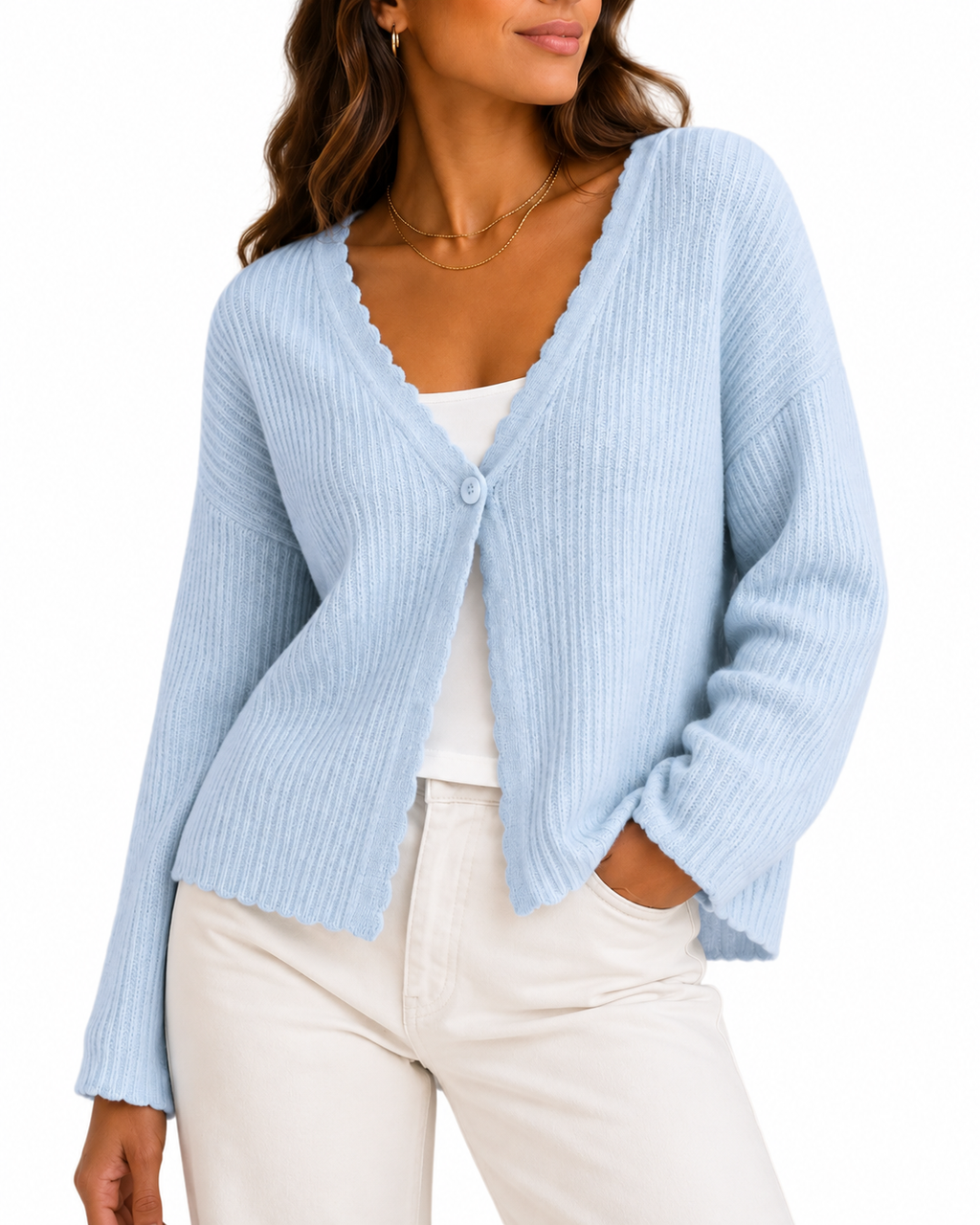 Light Blue Scallop-Edge Ribbed V-Neck Cardigan