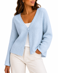 Light Blue Scallop-Edge Ribbed V-Neck Cardigan