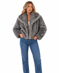 Grey Cropped Faux Fur Shawl-Collar Jacket