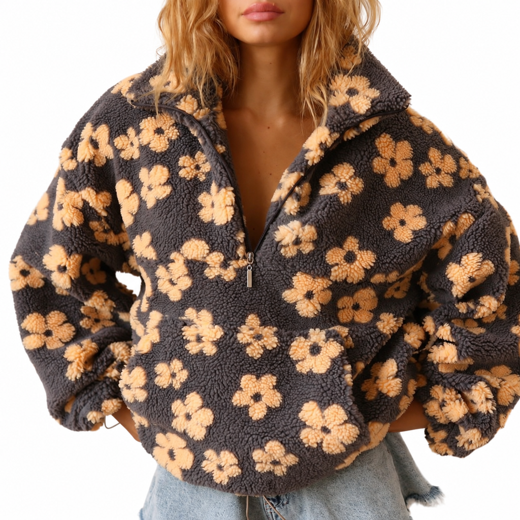 Charcoal Floral Teddy Fleece Half-Zip Top