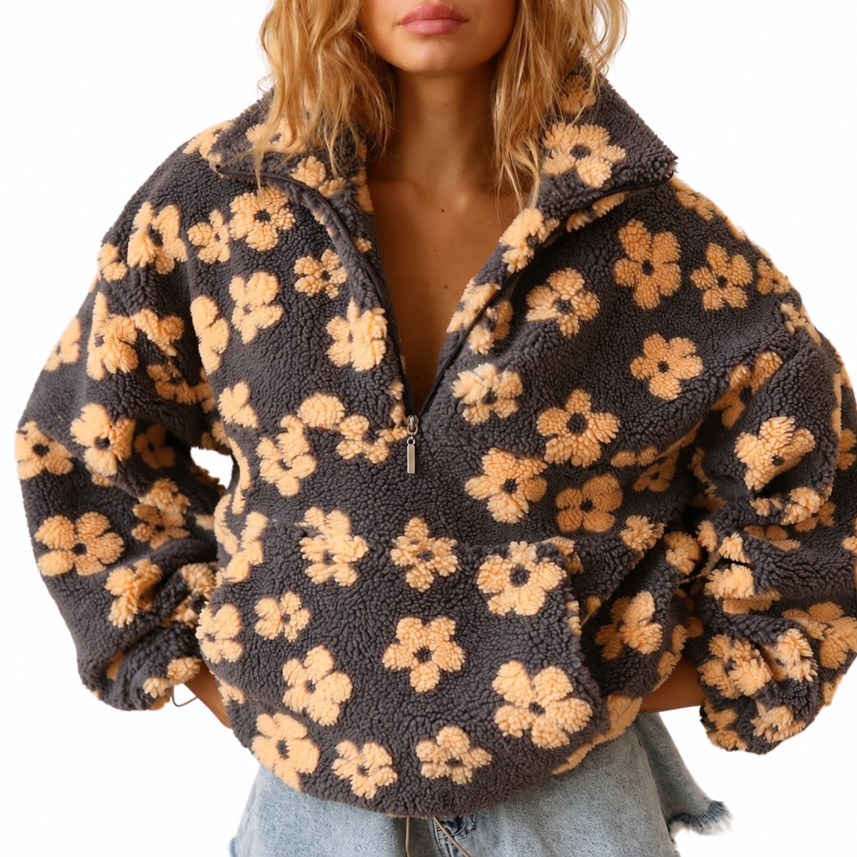 Charcoal Floral Teddy Fleece Half-Zip Top