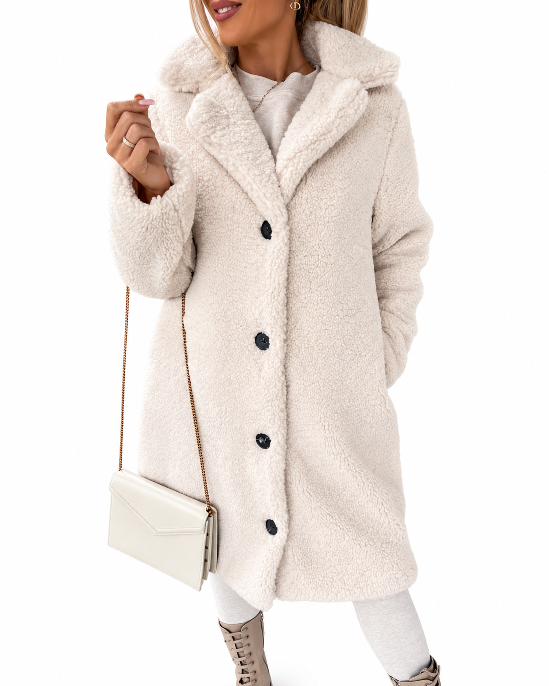 Ivory Button-Front Teddy Coat with Contrast Buttons