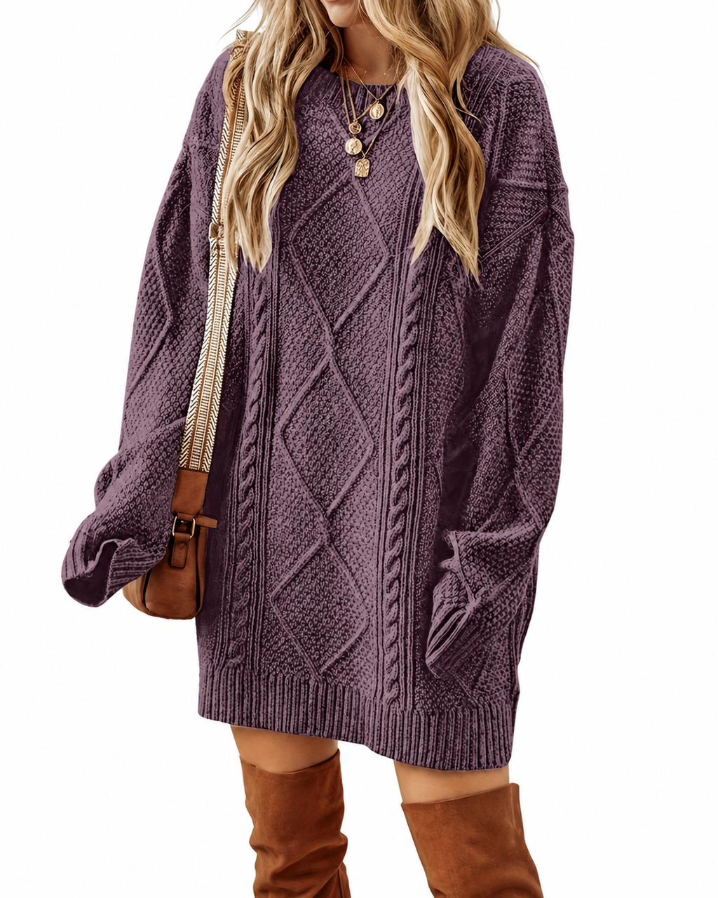 Plum Cable-Knit Oversized Jumper Dress