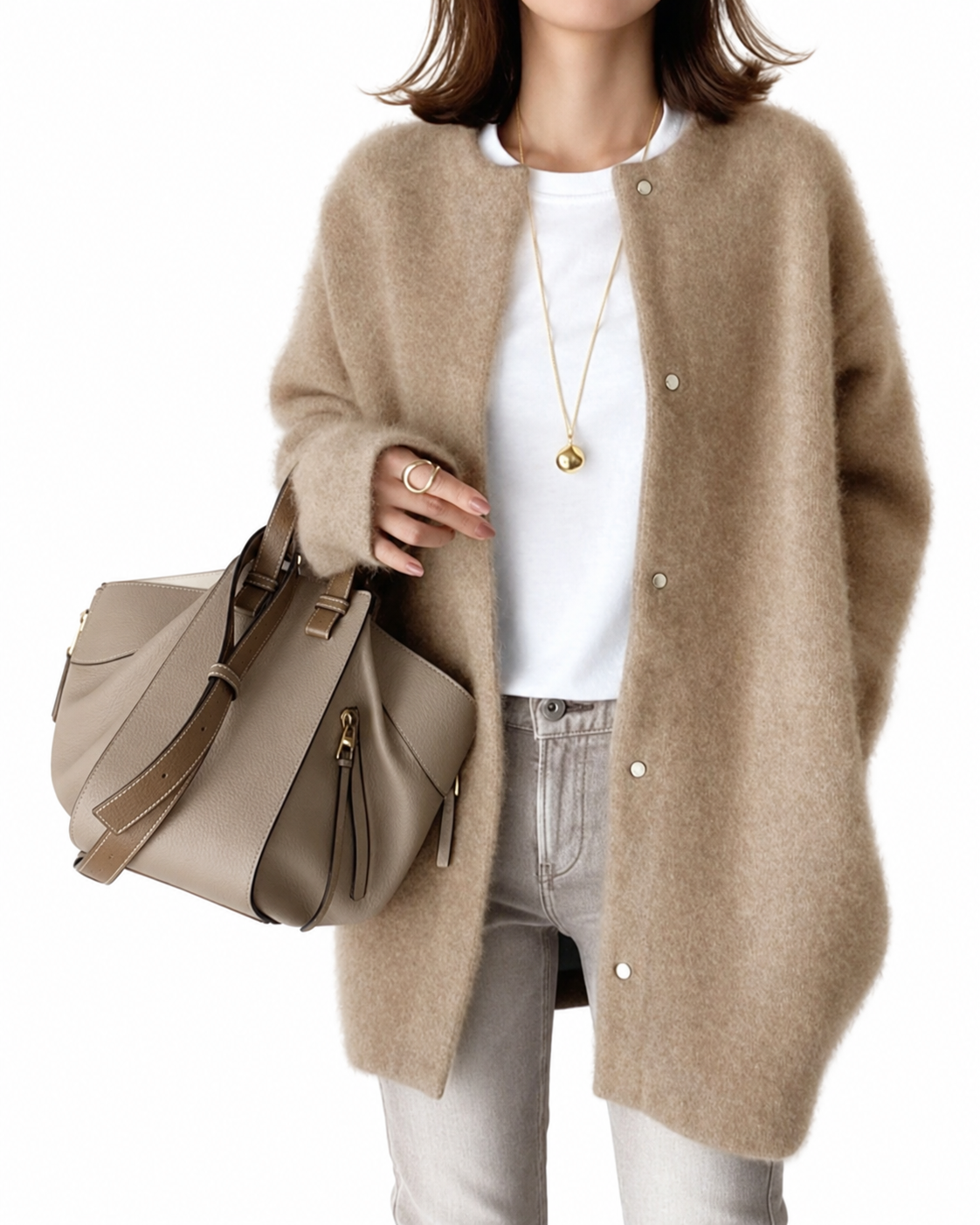 Beige Oversized Fluffy Snap-Front Cardigan