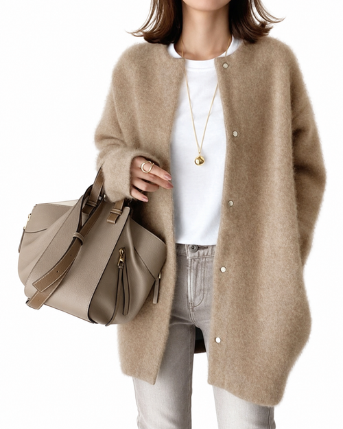 Beige Oversized Fluffy Snap-Front Cardigan