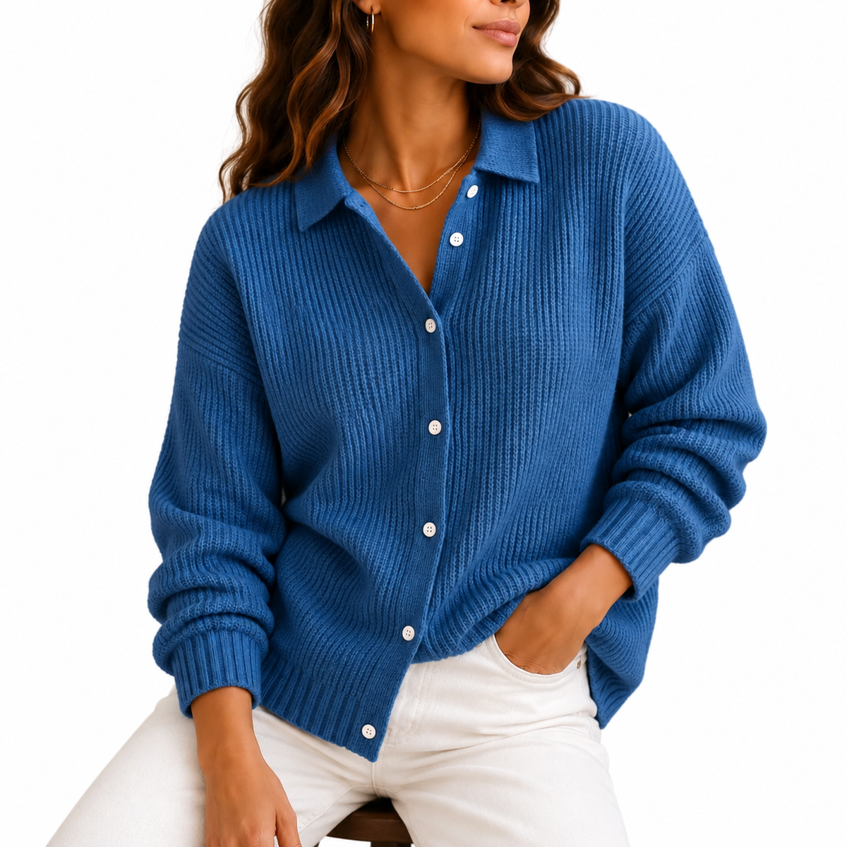 Cobalt Blue Ribbed-Knit Shirt-Collar Cardigan