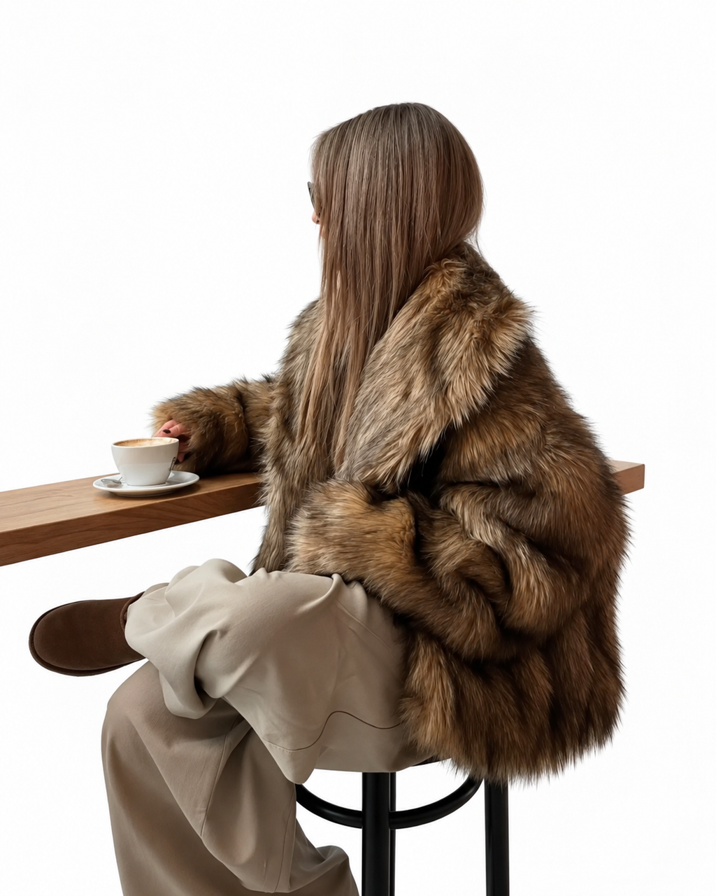 Brown Oversized Collared Faux Fur Coat – view 2