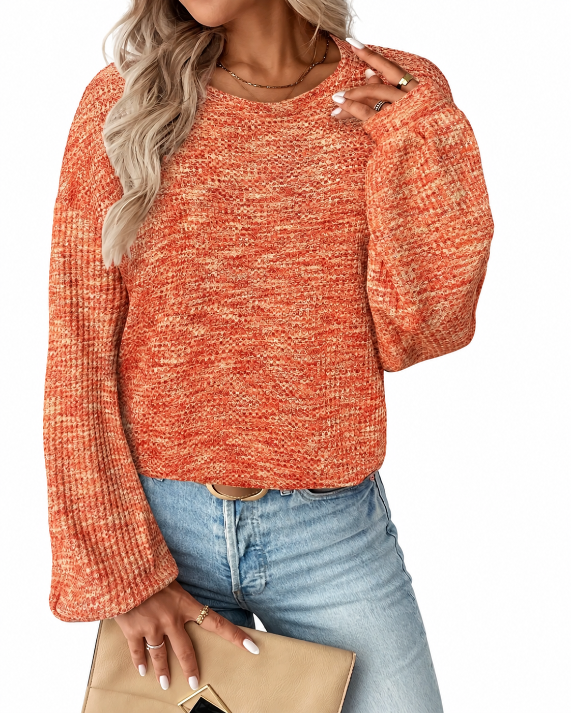 Orange Waffle-Knit Puff-Sleeve Jumper