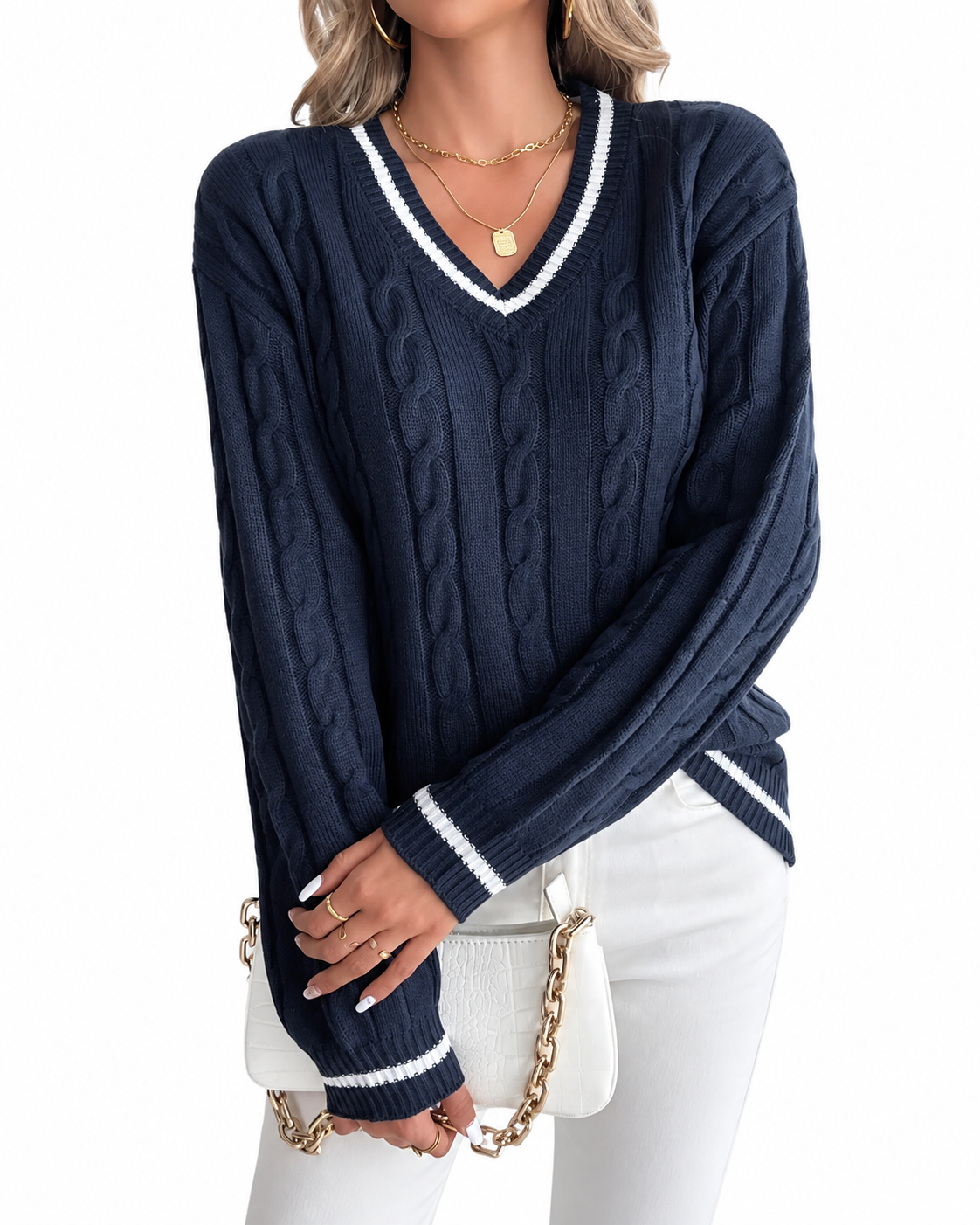 Navy Cable-Knit Cricket Jumper with Stripe Trim