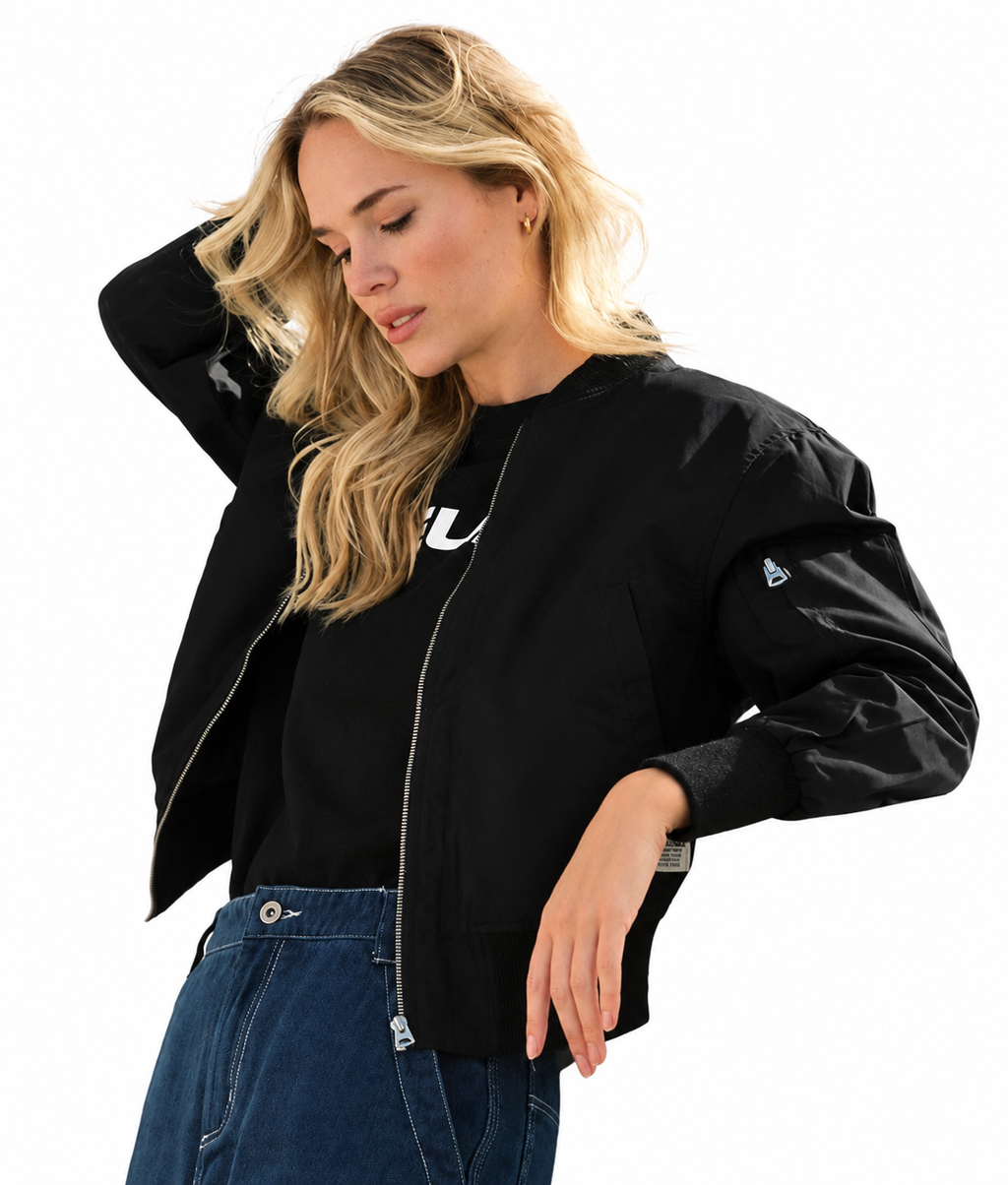 Black Cropped Bomber Jacket with Utility Sleeve Pocket – view 2