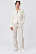 White Cable-Knit Zip Cardigan with Stand Collar