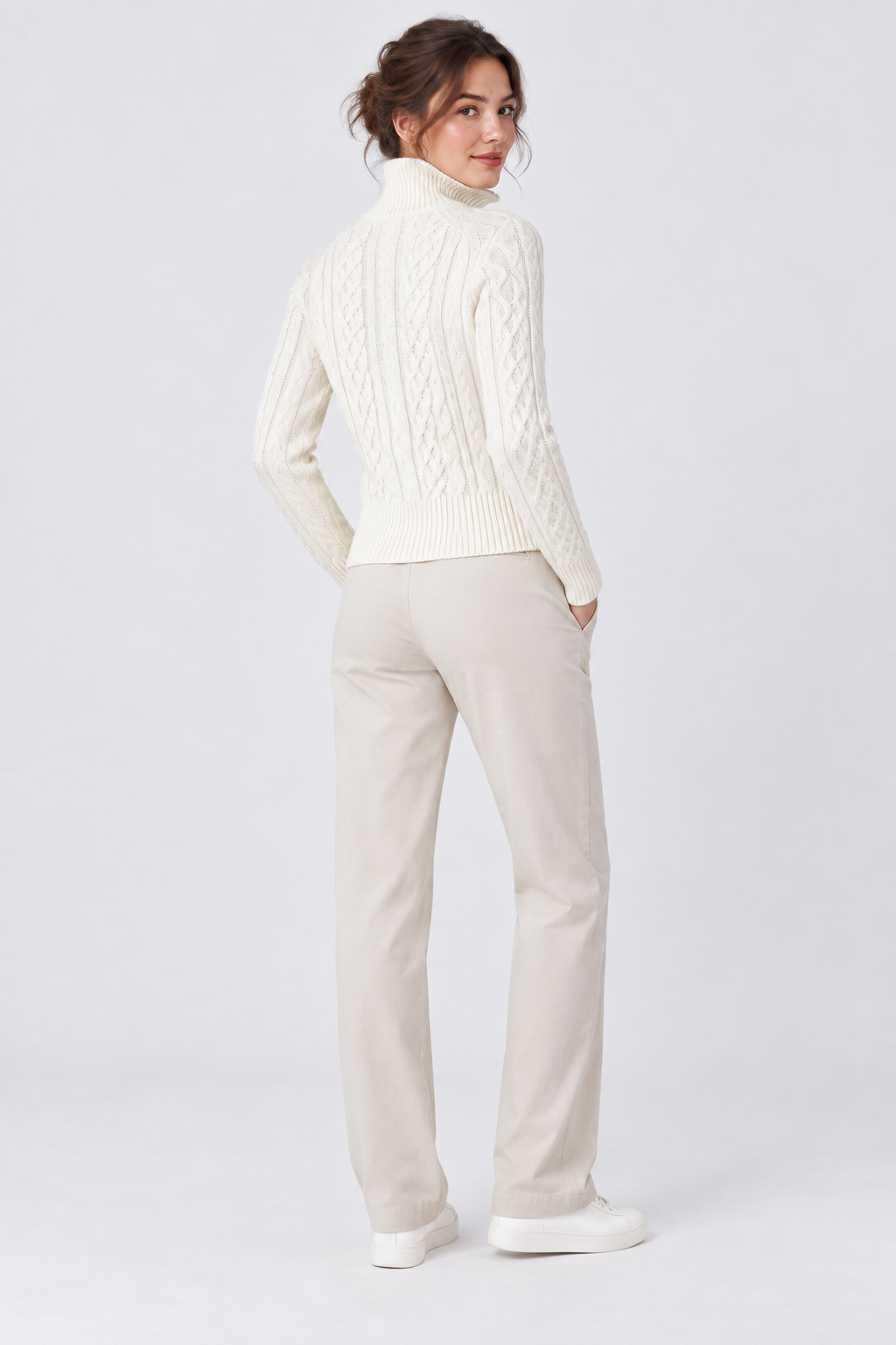 White Cable-Knit Zip Cardigan with Stand Collar – view 2