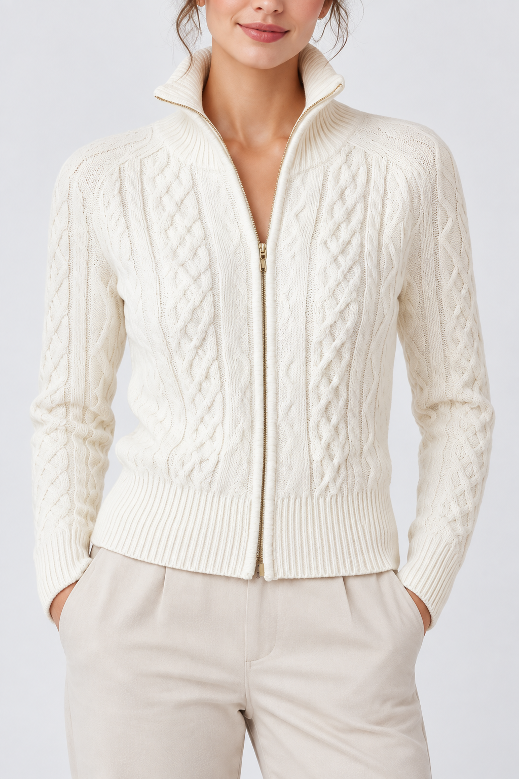 White Cable-Knit Zip Cardigan with Stand Collar – view 3