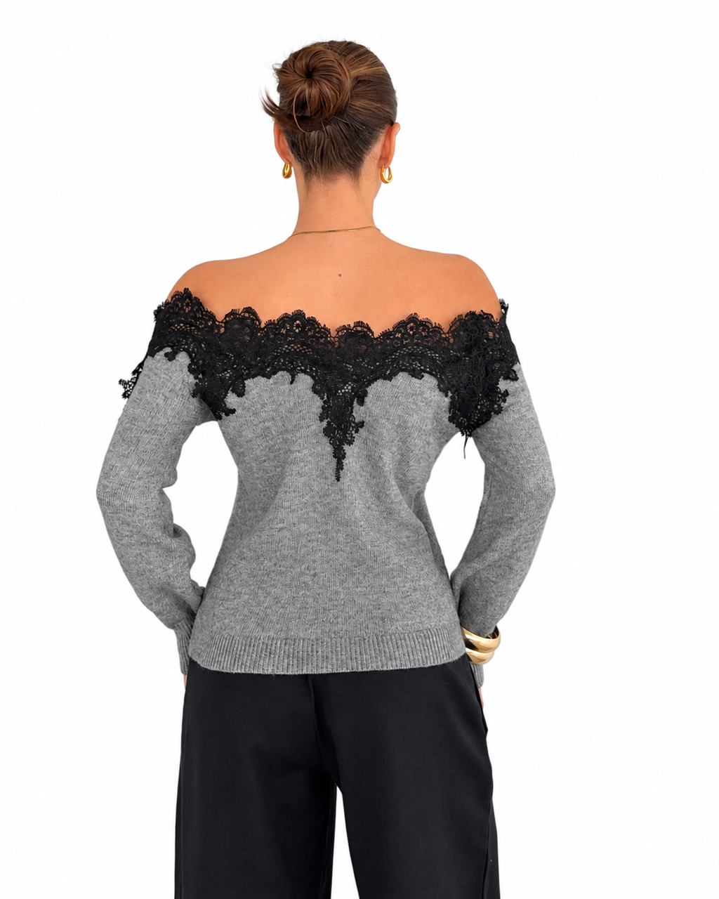 Grey Off-Shoulder Cropped Jumper with Black Lace Appliqué – view 2