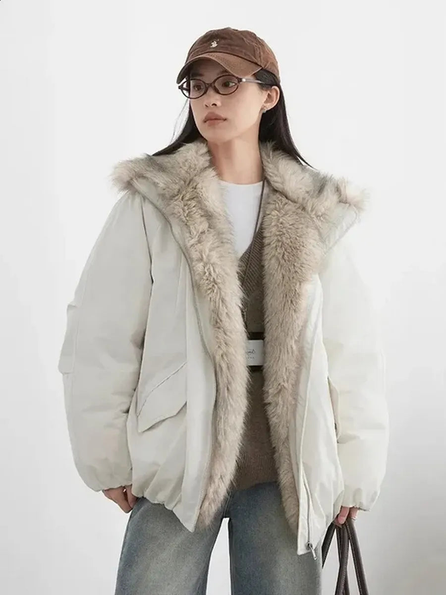 White faux fur longline jacket with faux leather detailing