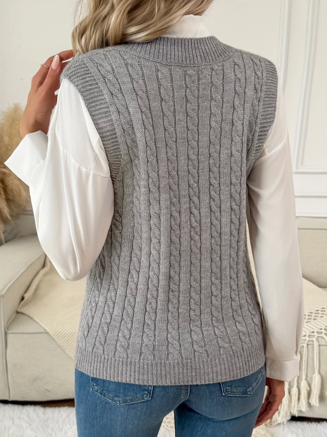 Grey Cable-Knit V-Neck Sweater Vest – view 3