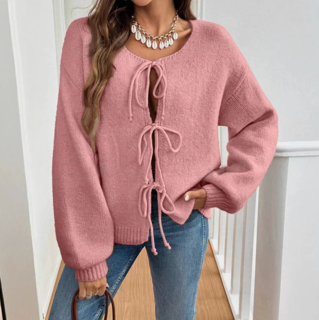 Pink Bow-Front Puff-Sleeve Cardigan – view 3
