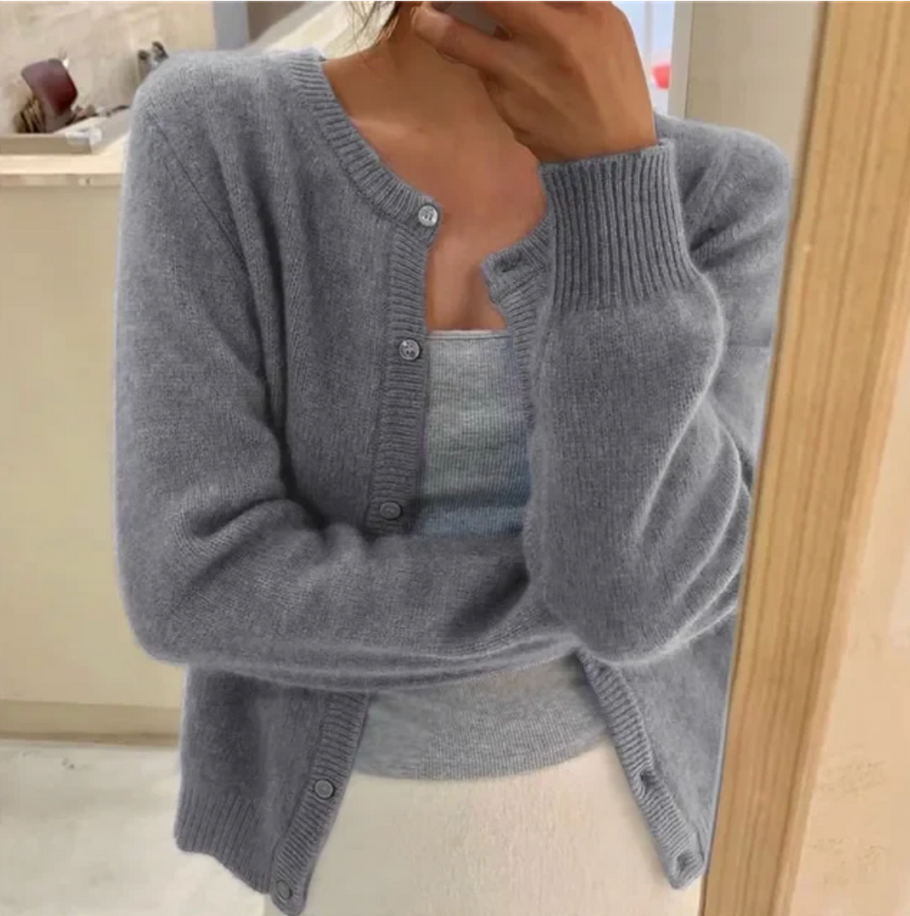 Slate Grey Brushed-Knit Crew-Neck Cardigan – view 3