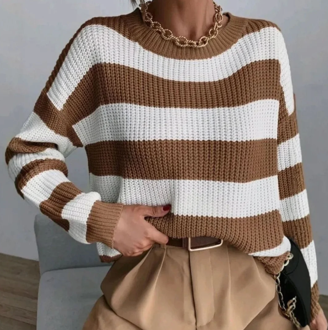 Brown and White Wide-Stripe Chunky Knit Jumper