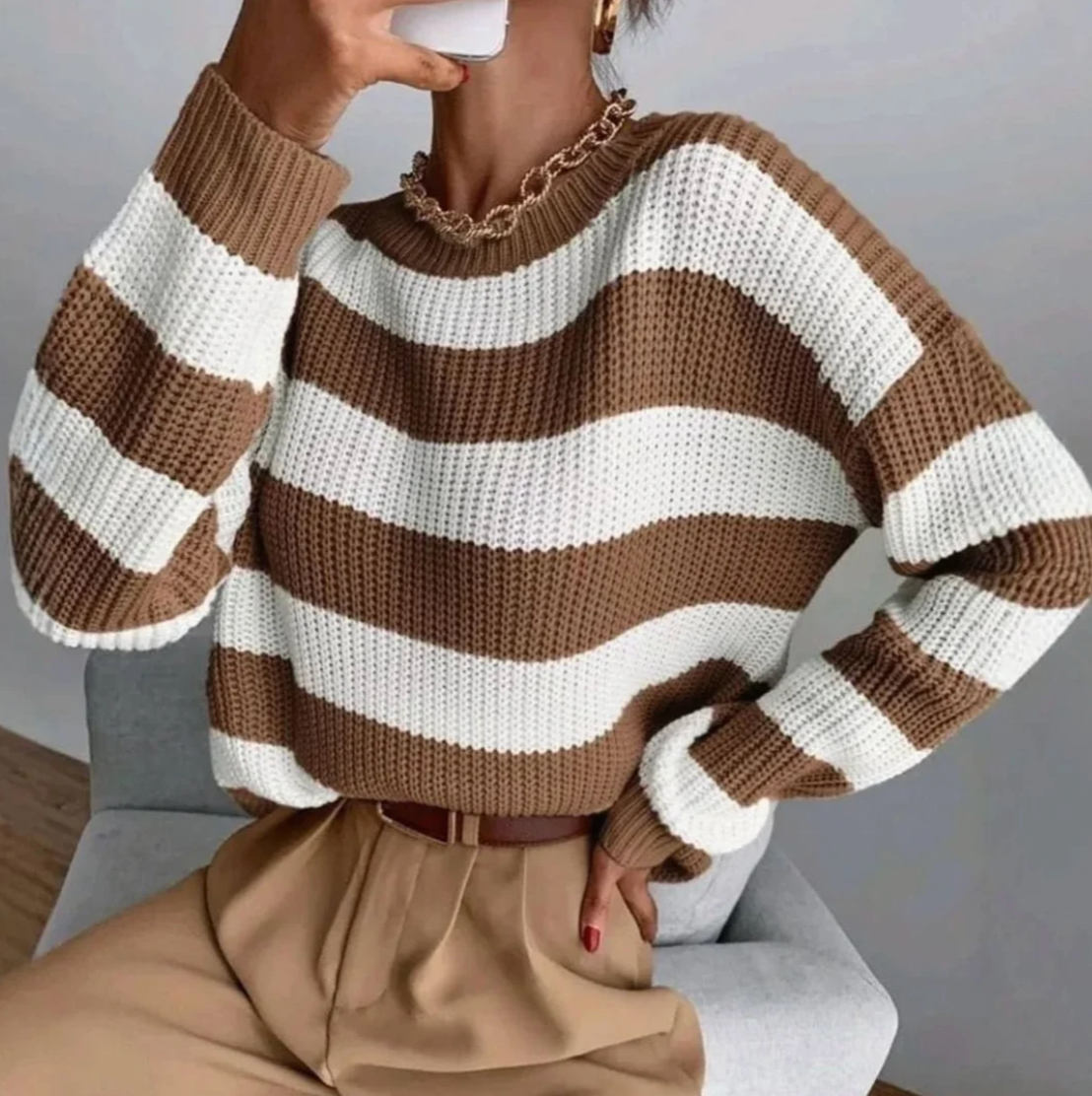 Brown and White Wide-Stripe Chunky Knit Jumper – view 2