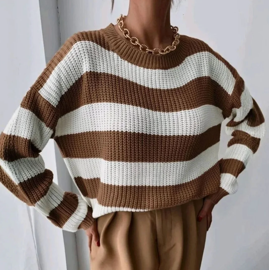 Brown and White Wide-Stripe Chunky Knit Jumper – view 3