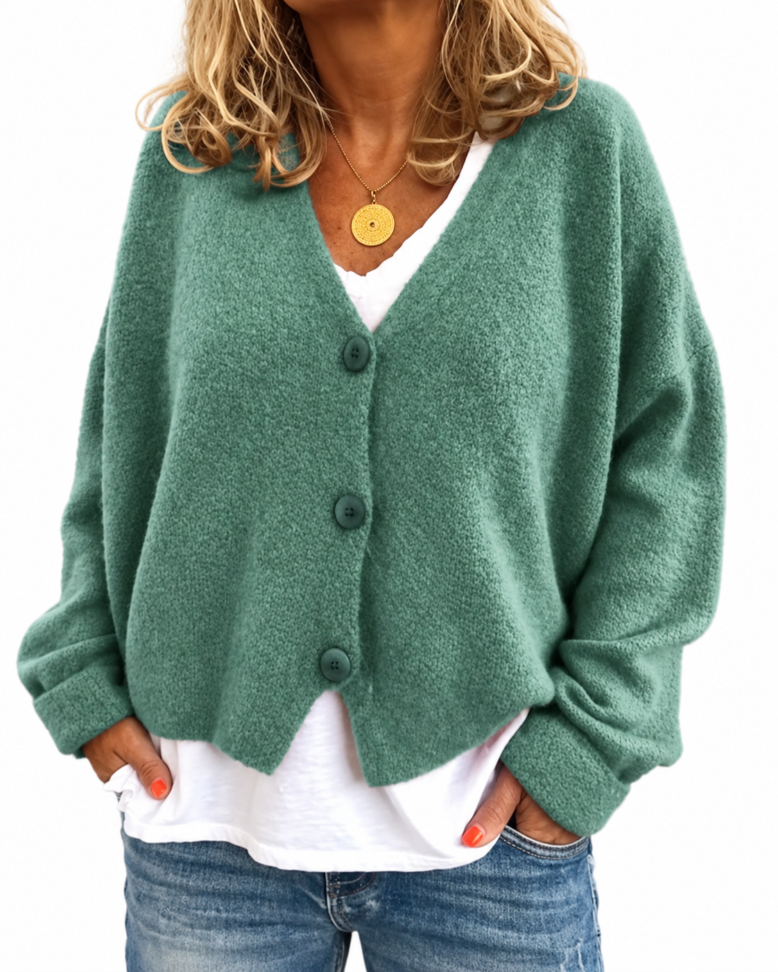 Sage Green Textured-Knit Oversized V-Neck Cardigan – view 2