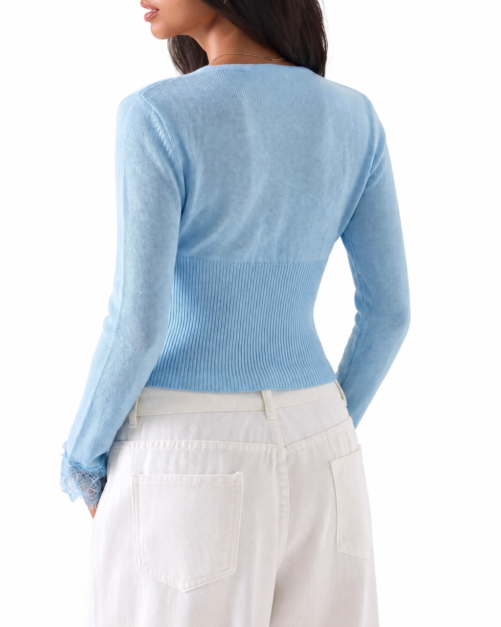 Light Blue Lace-Trim V-Neck Cropped Cardigan – view 2
