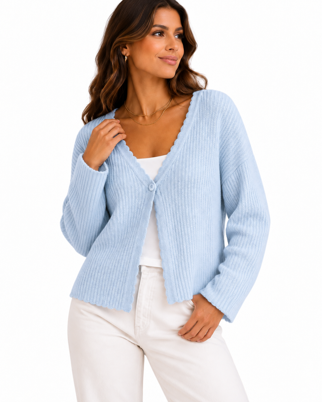 Light Blue Scallop-Edge Ribbed V-Neck Cardigan – view 2