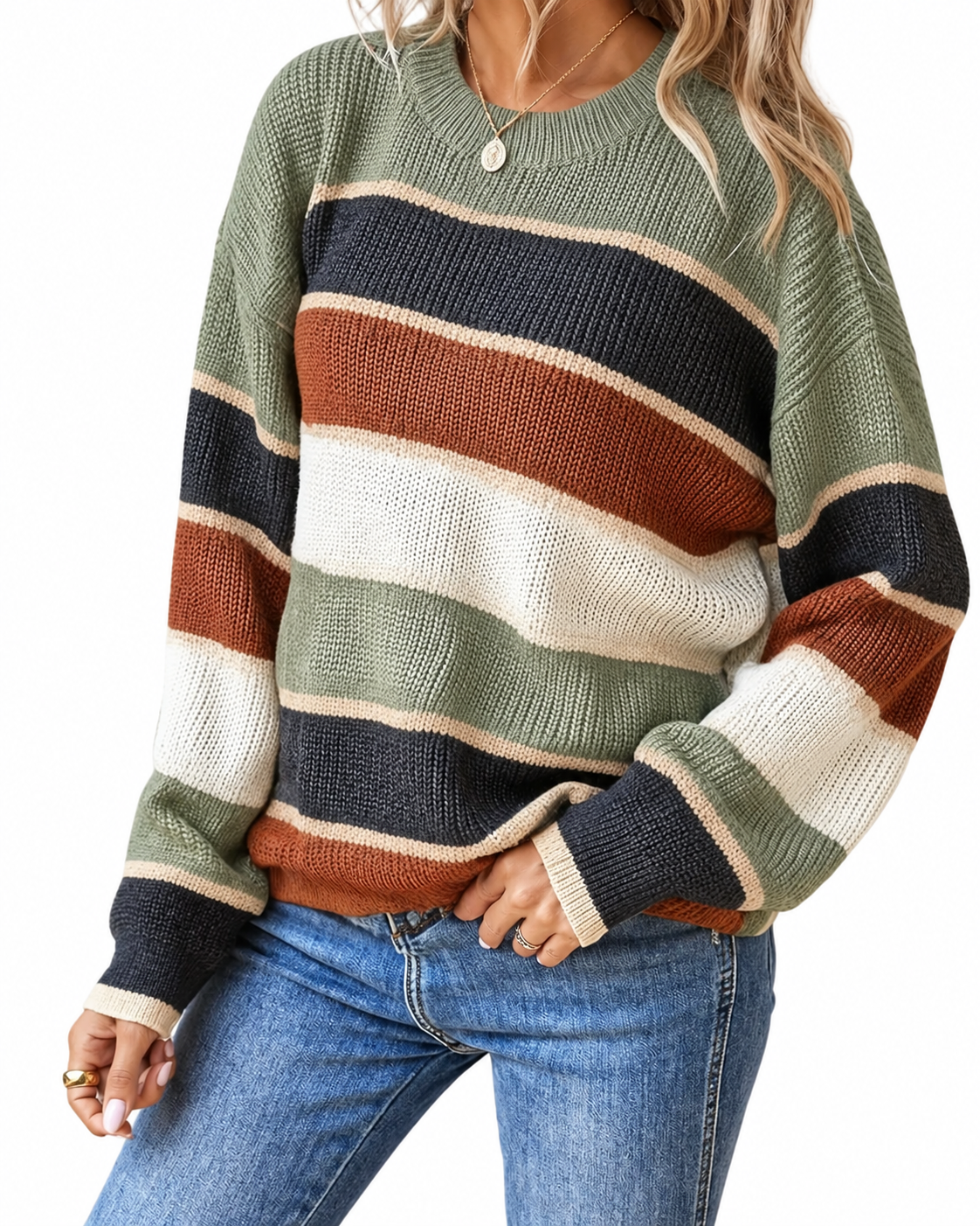 Sage Multi-Stripe Oversized Crew-Neck Jumper – view 2