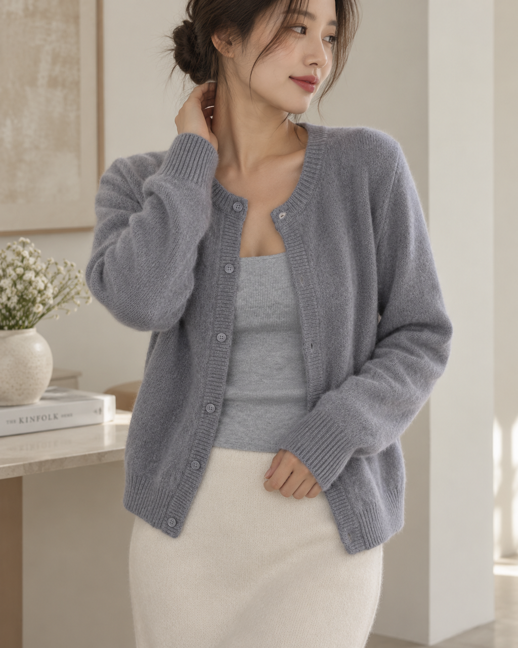 Slate Grey Brushed-Knit Crew-Neck Cardigan