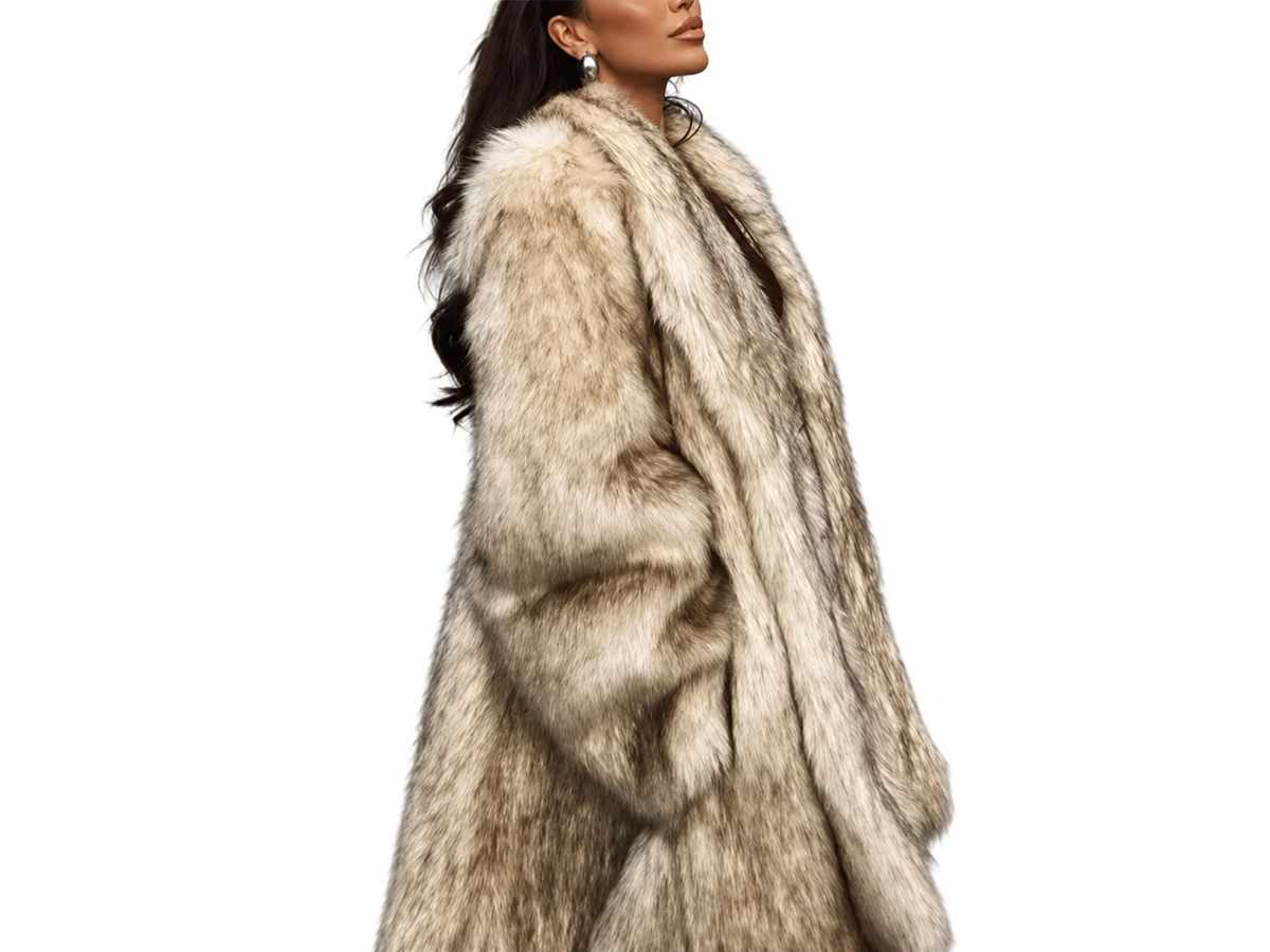 Cream Brown-Tipped Oversized Faux Fur Coat – view 2