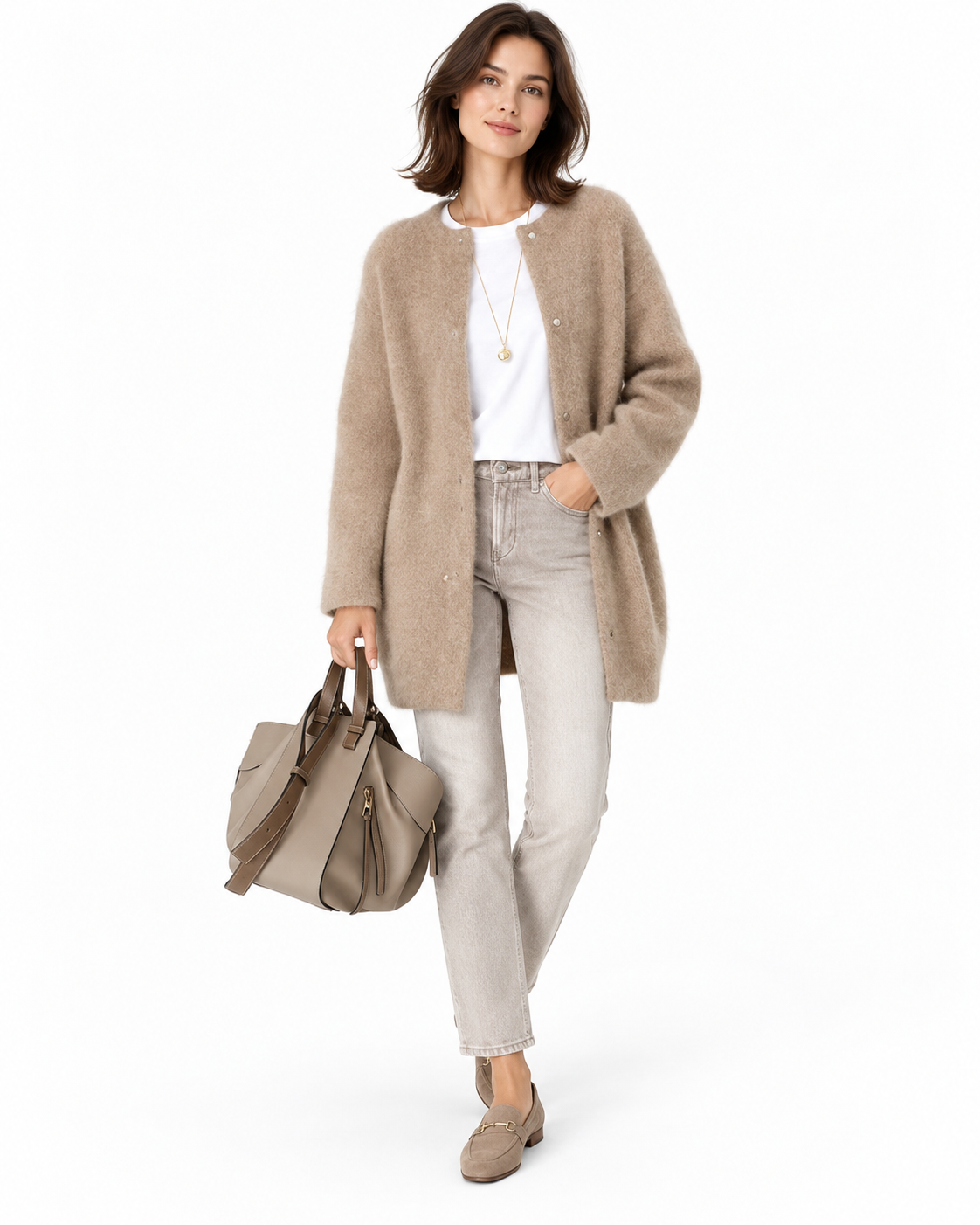 Beige Oversized Fluffy Snap-Front Cardigan – view 2