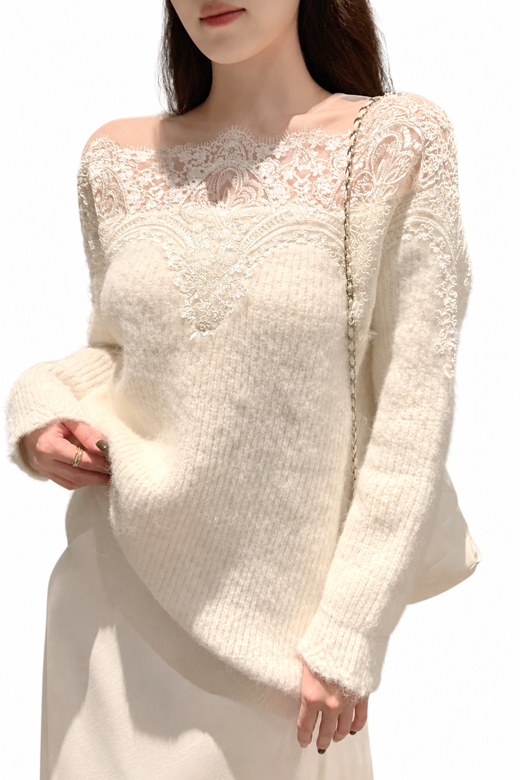 Ivory Lace Yoke Fluffy Knit Jumper – view 2