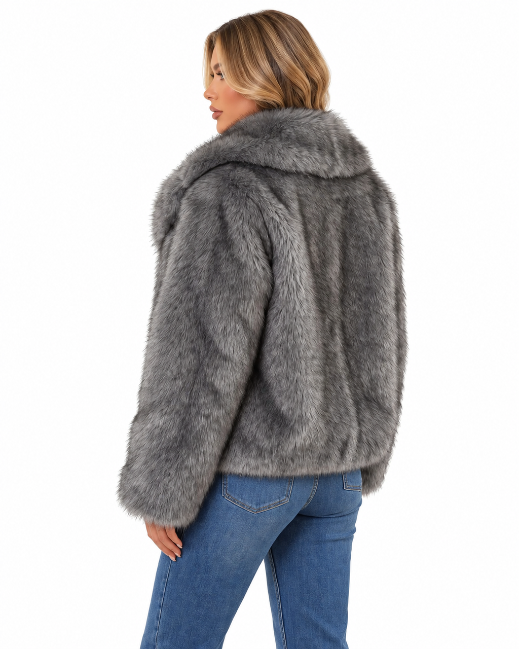 Grey Cropped Faux Fur Shawl-Collar Jacket – view 2