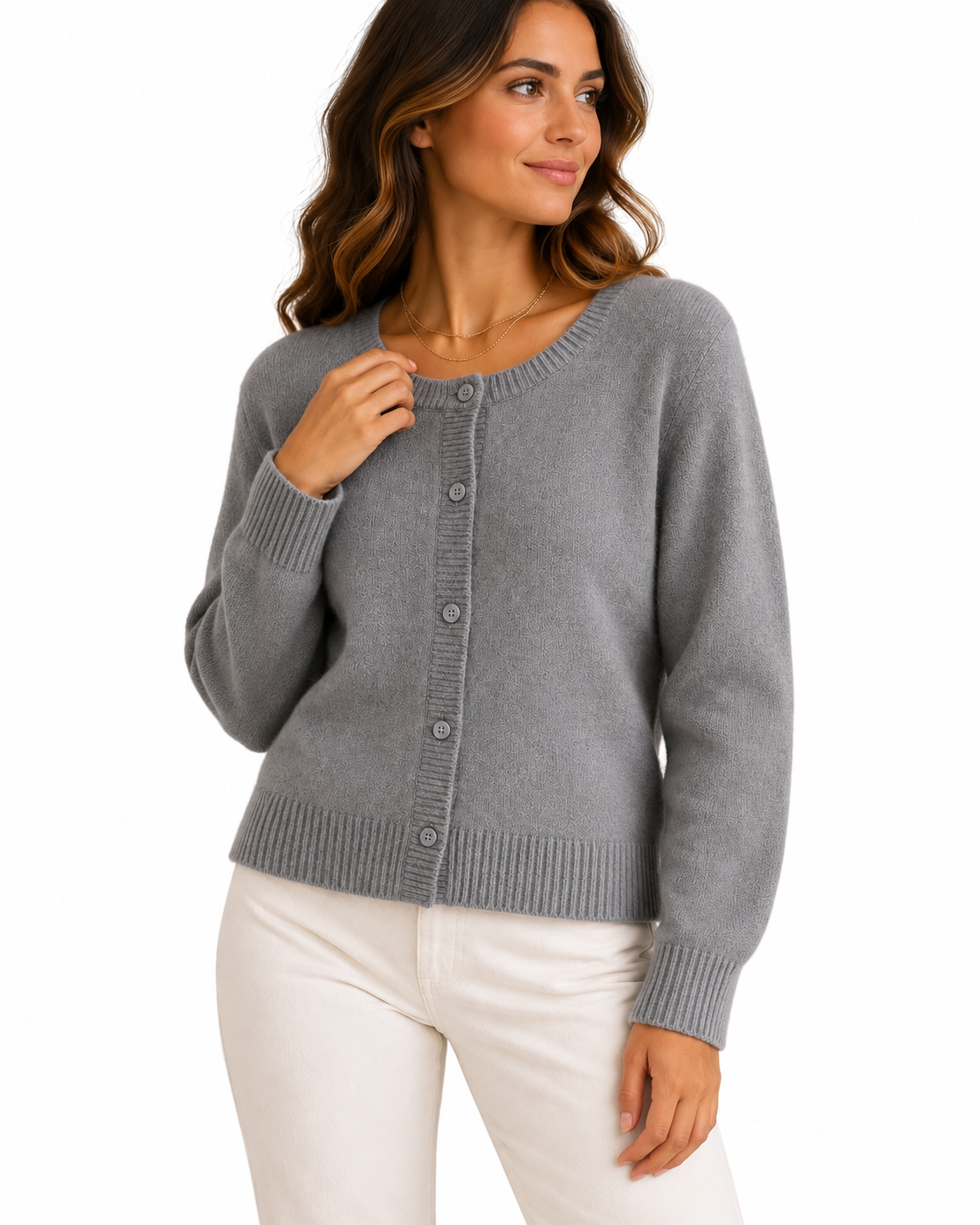 Grey Crew-Neck Button-Up Cardigan – view 2