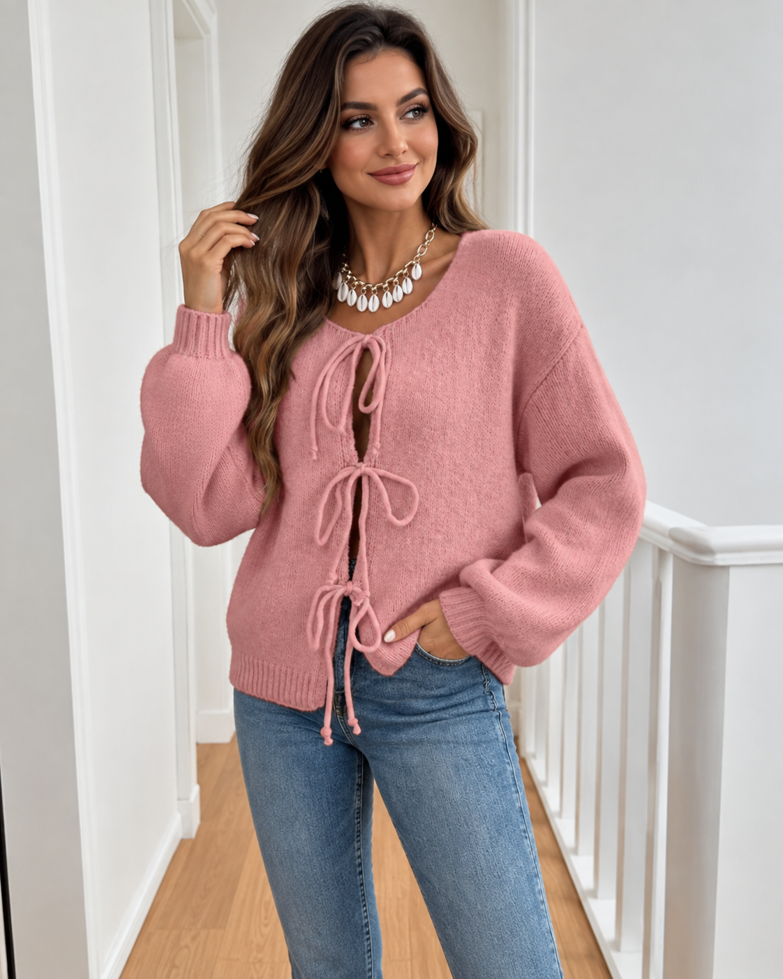 Pink Bow-Front Puff-Sleeve Cardigan