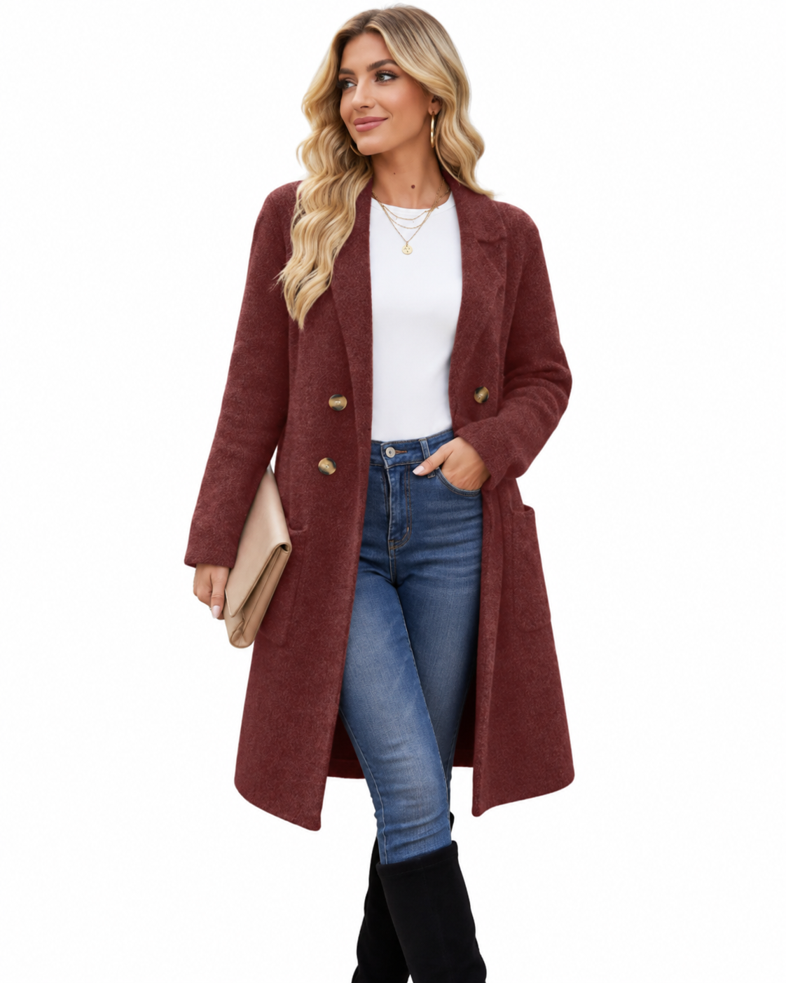 Burgundy Double-Breasted Longline Knit Coat – view 2