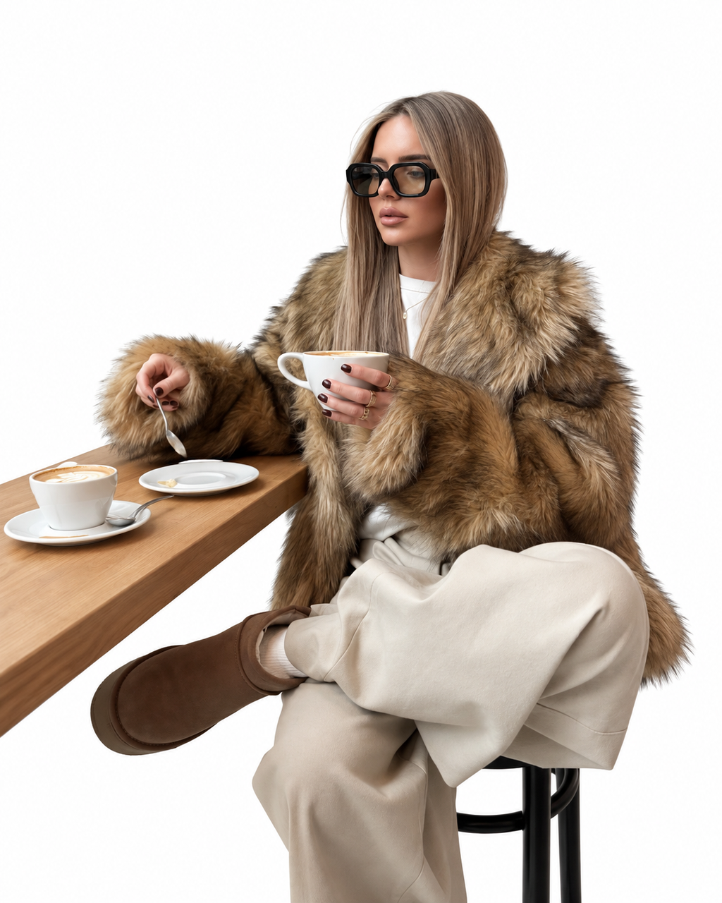 Brown Oversized Collared Faux Fur Coat